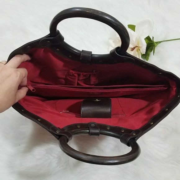 Red Straw Purse Round Wooden Handles 3 Pockets - Picture 5 of 8